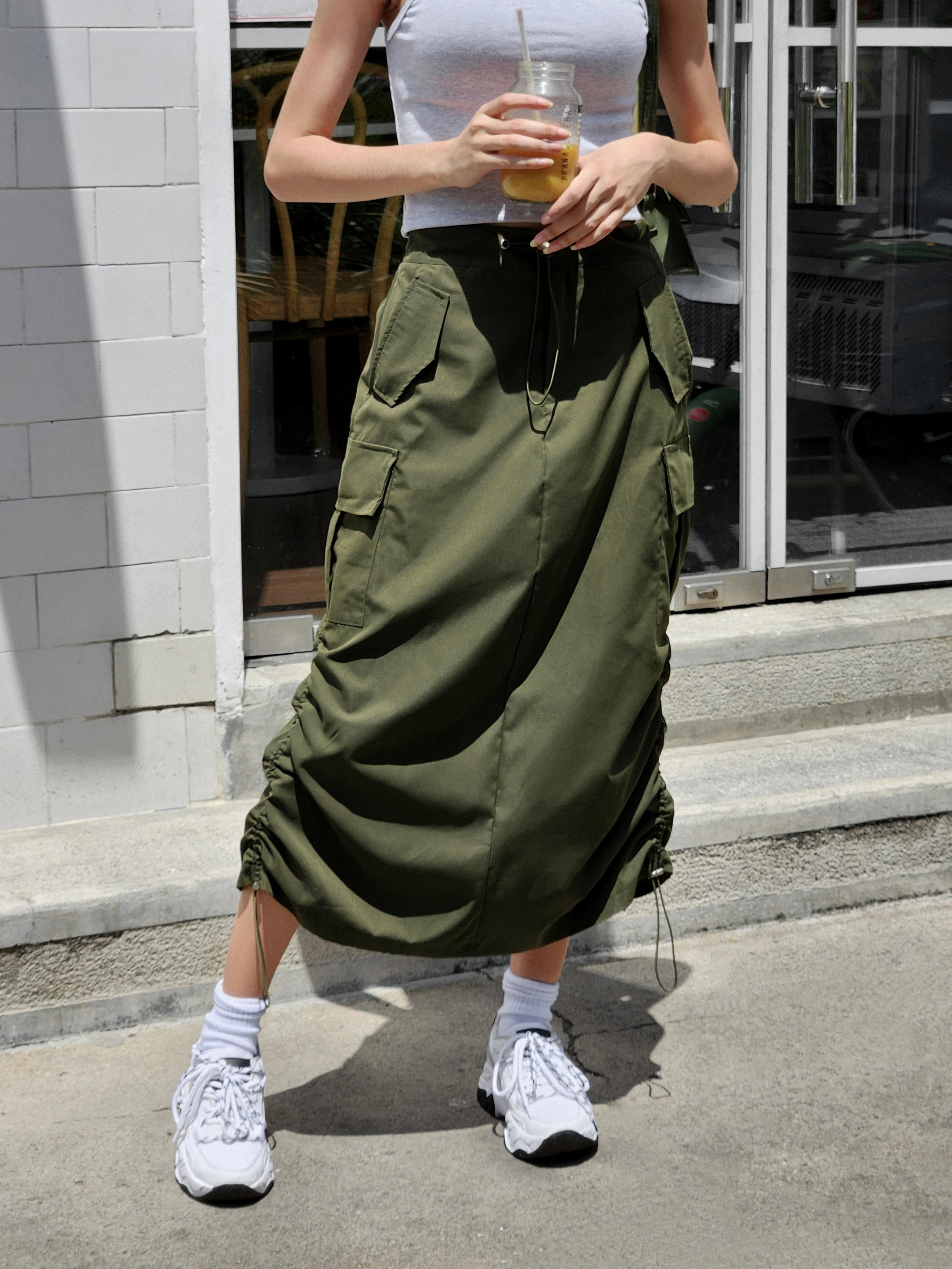 Army Green Midi Cargo Skirt