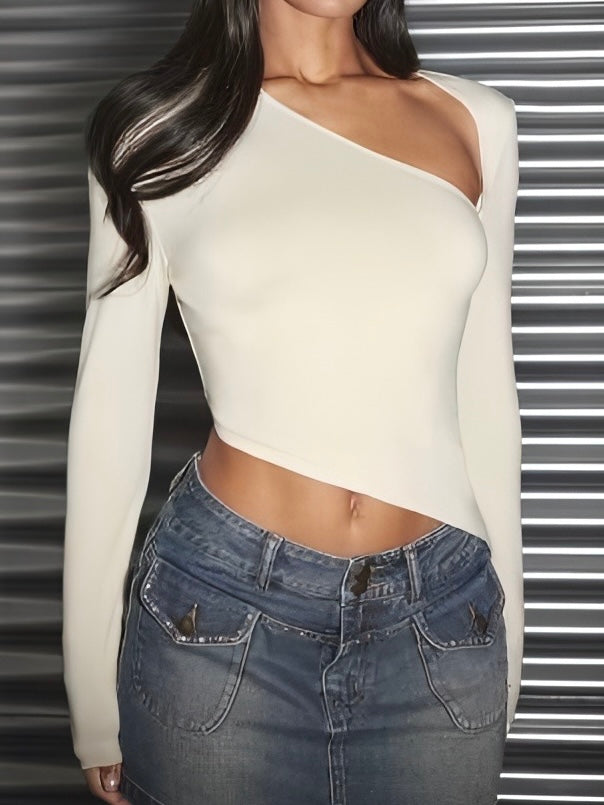 Beige Asymmetric Top Manga Larga